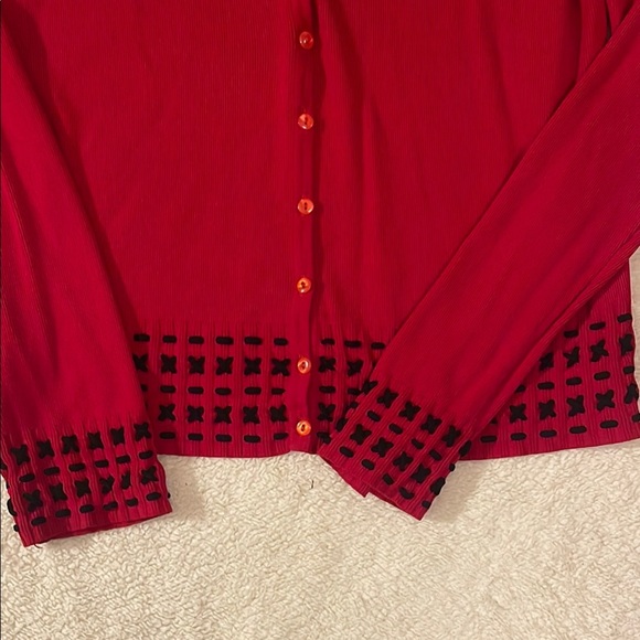 Finity Red Cardigan Sweater with Decorative Knit Cuffs - Picture 5 of 6